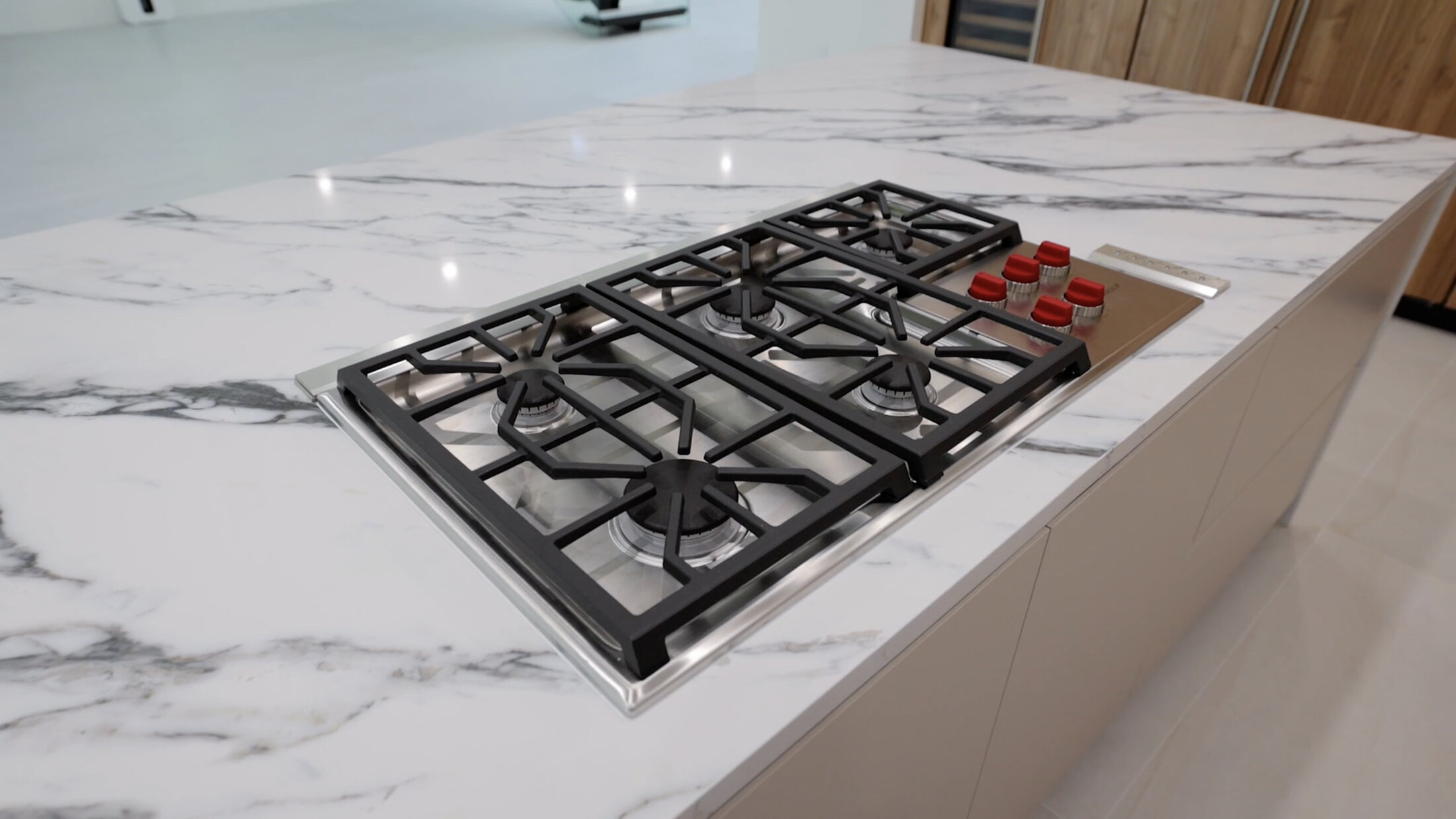Finished marble countertop with integrated gas cooktop